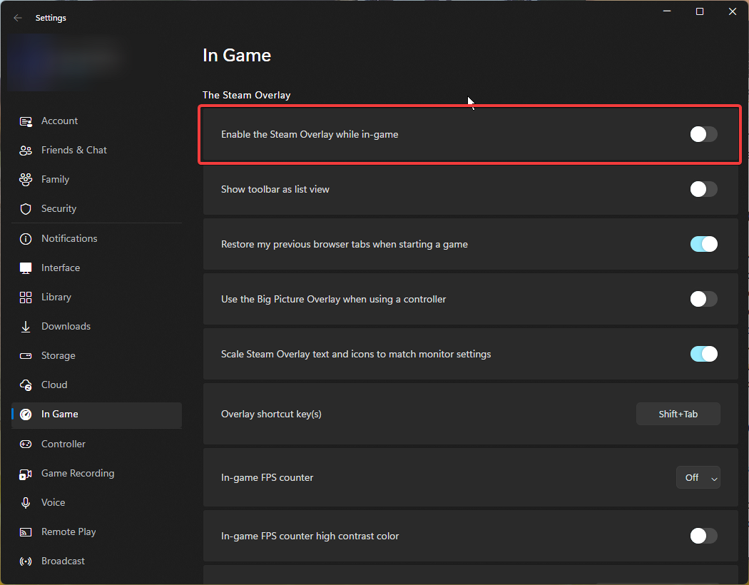 Отключение оверлея Steam — выделенный пункт.