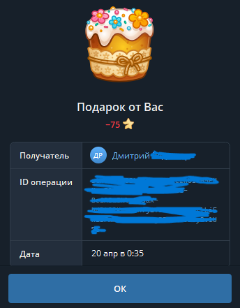 Сведения об отправке подарка Telegram