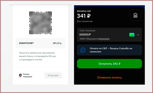 Страница оплаты по СБП QR на Donatov.net