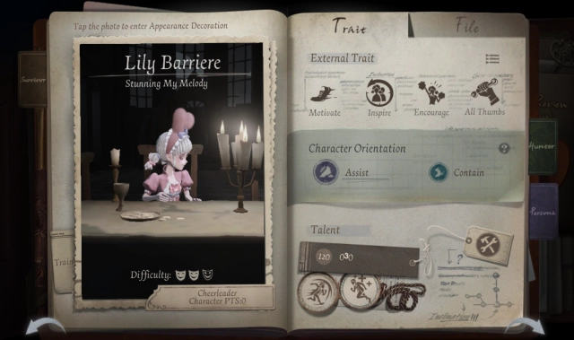 Страница персонажа Cheerleader внутри Identity V