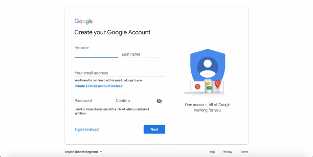 Создание нового аккаунта  в Google