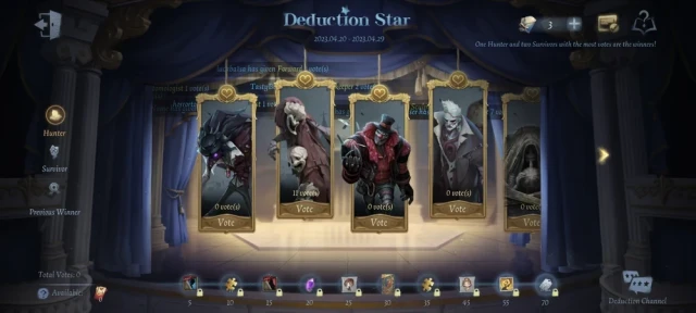 Список доступных для голосования персонажей в Deduction Star