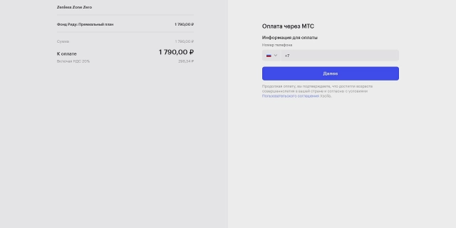 Меню проведения платежа на сайте ZZZ