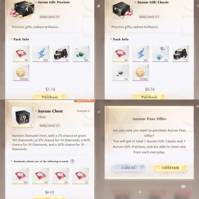 Aurum Chest, Aurum Gift: Classic, Aurum Gift: Precious, Aurum Gift (7 дней)