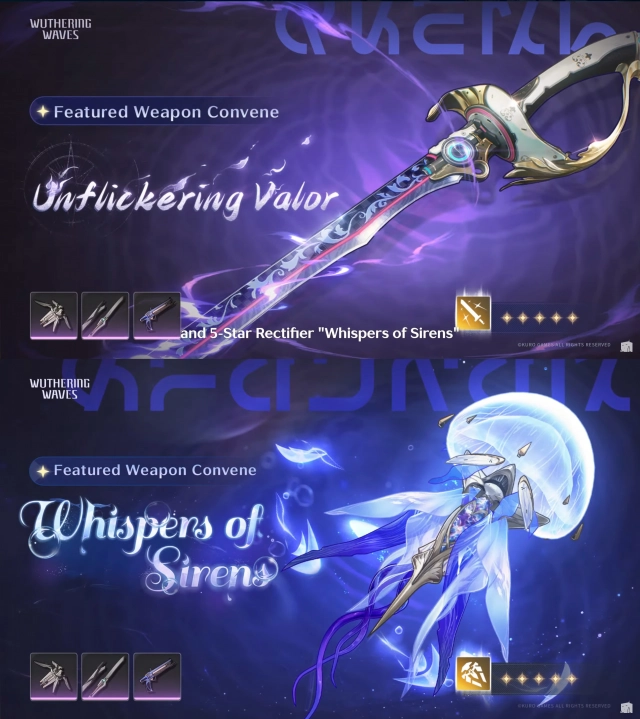 Реран сигнатурного оружия Unflickering Valor и Whispers of Sirens в Wuthering Waves 2.5.