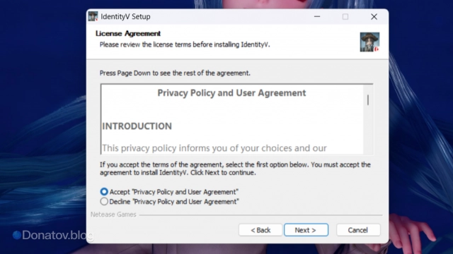 License Agreement при установке Identity V