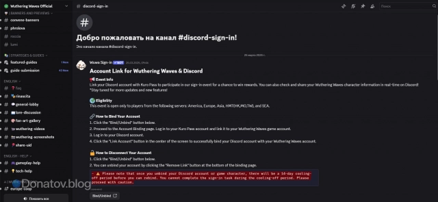 Привязка аккаунтов Wuthering Waves и Discord на официальном дискорд-сервере игры