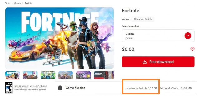 Размер Fortnite на Nintendo Switch