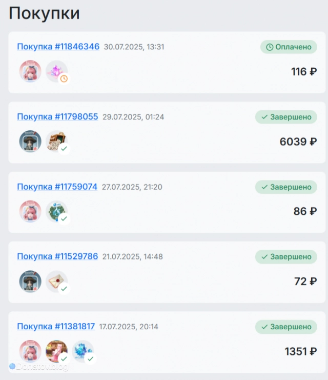 Раздел Покупки на сайте donatov.net