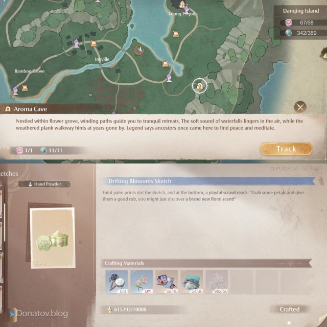 Местоположение Aroma Cavern и скетч Drifting Blossoms в Infinity Nikki