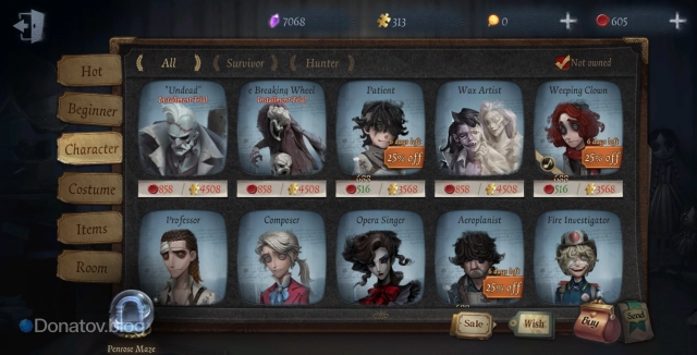Раздел Character в Identity V