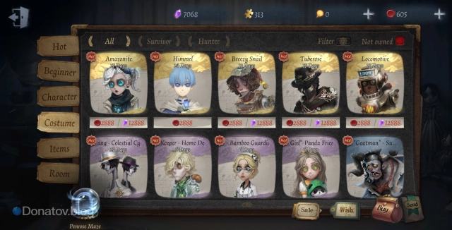 Раздел Costumes в Identity V