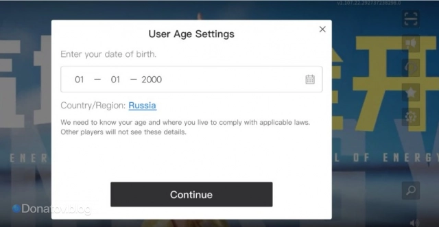 Окно настроек возраста и локализации игрока
