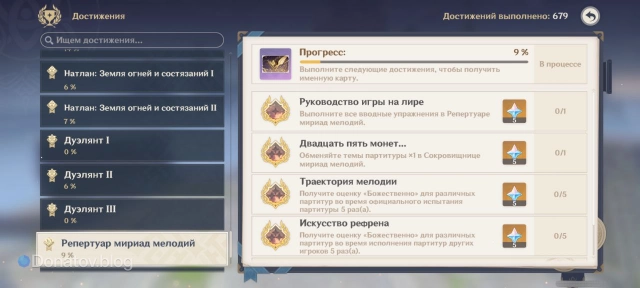 Раздел «Репертуар мириада мелодий» во вкладке достижений