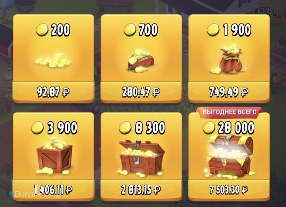 Меню покупки монет в Hay Day