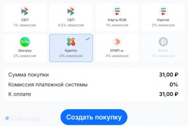 Выбор способа оплаты на Donatov.net