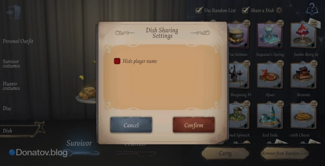 Dish Sharing Settings в Identity V