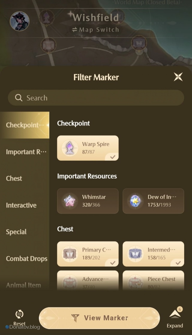 Filter Marker на интерактивной карте Infinity Nikki