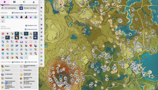 Пример отображения меток с загадками на интерактивной карте от Genshin Impact Map