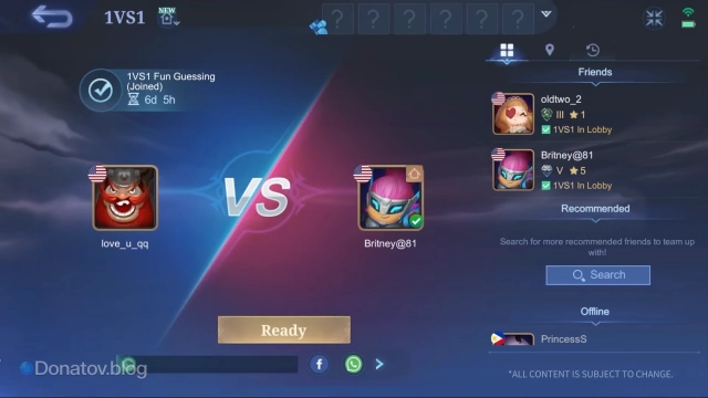 Лобби режима «1 на 1» в Mobile Legends: Bang Bang