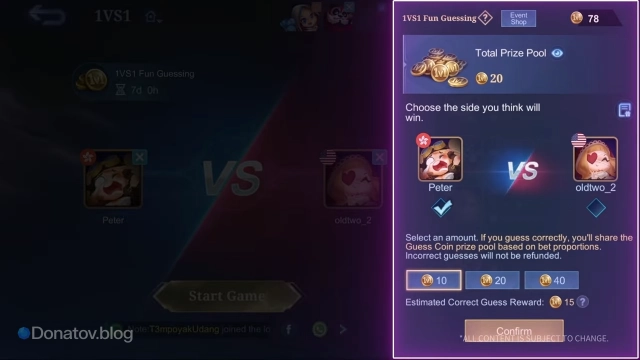 Раздел ставок в режиме «1 на 1» в Mobile Legends: Bang Bang