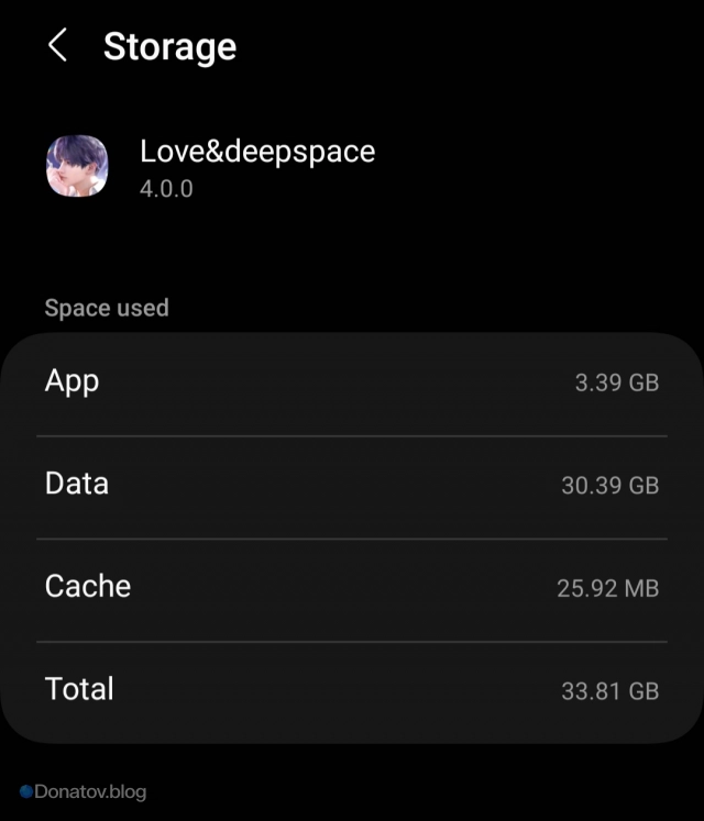 Занимаемое место Love and Deepspace в телефоне
