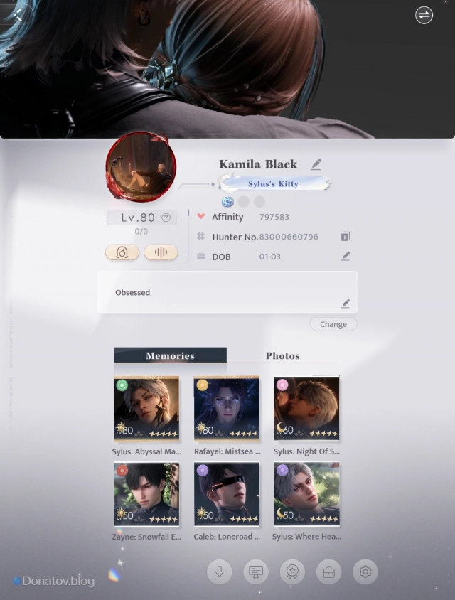 Экран меню профиля в Love and Deepspace