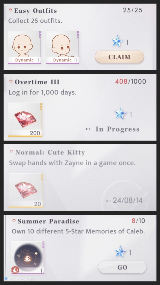 Статусы заданий раздела Achievements