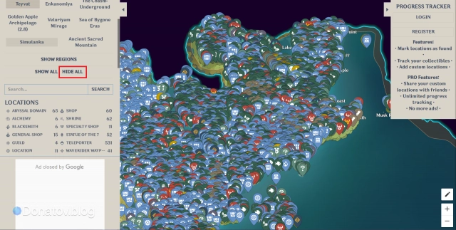 Меню выбора предметов на интерактивной карте Mapgenie.io в Genshin Impact