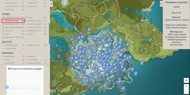 Выбор багрового агата на интерактивке Mapgenie.io в Genshin Impact