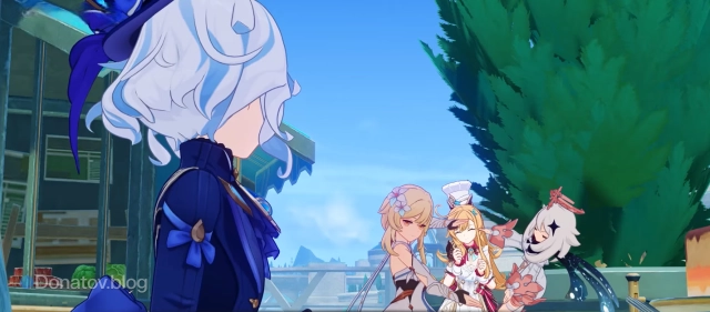 Кадр из диалога Эскофье, Фурины и Путешественника из главного ивента версии 5.6 «Кружащийся вальс»