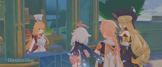 Кадр из диалога Эскофье, Навии и Путешественника из главного ивента версии 5.6 «Кружащийся вальс»