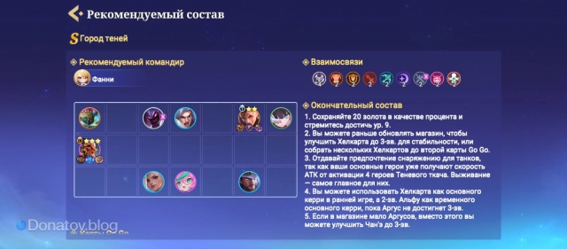 Пример состава Мифического игрока в рекомендациях Magic Chess: Go Go