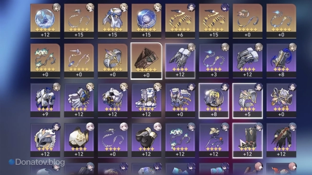 Меню артефактов в инвентаре в Honkai: Star Rail