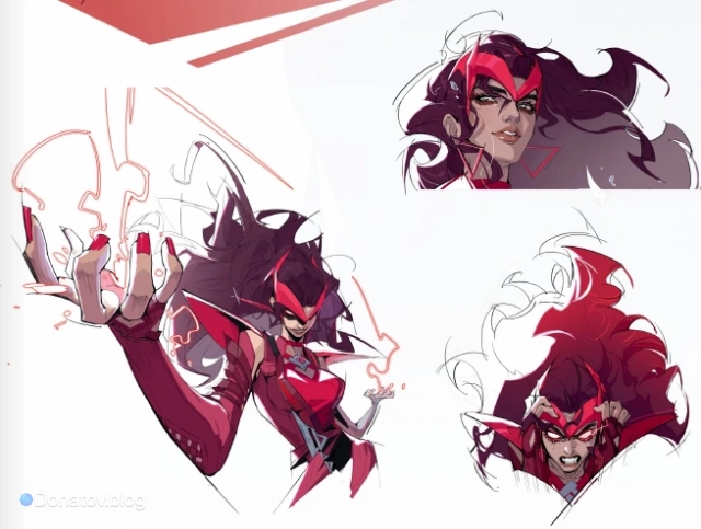 Официальный концепт-арты создания образа Алой Ведьмы для игры Marvel Rivals