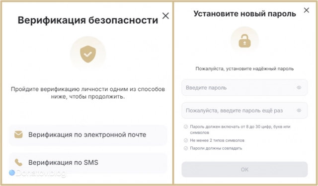 Окна верификации личности и создания нового пароля аккаунта в игре