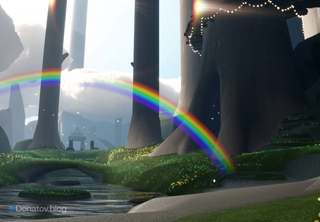 Огромное дерево около озера на высокой поляне в Sky