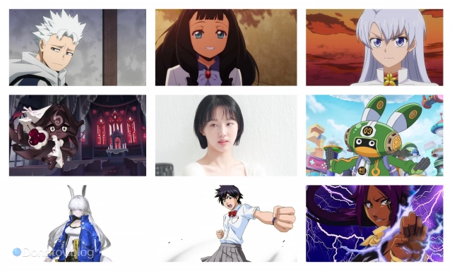 Коллаж с актрисой корейского дубляжа Ким Со Хён и озвученными ею персонажами игр и аниме