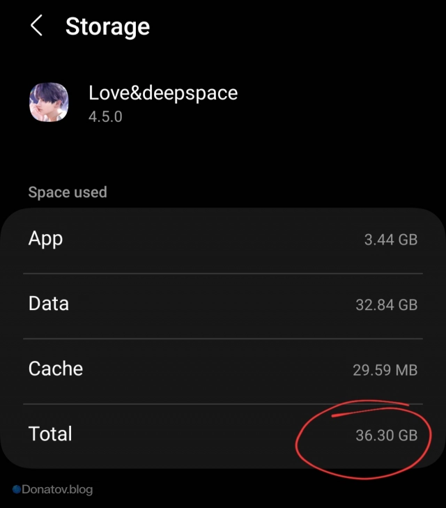Занимаемый объем места Love and Deepspace на телефоне