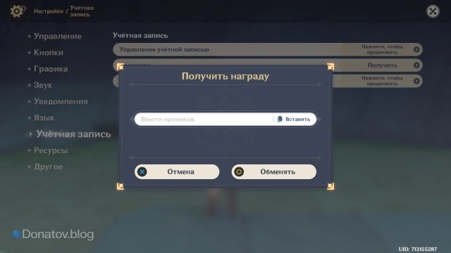 Поле ввода промокода прямо в игре