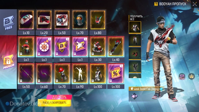 Набор наград одного из пропусков в игре Free Fire