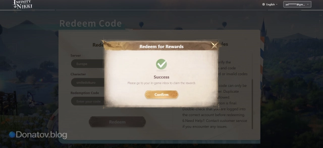 Успешная активация промокода для Infinity Nikki