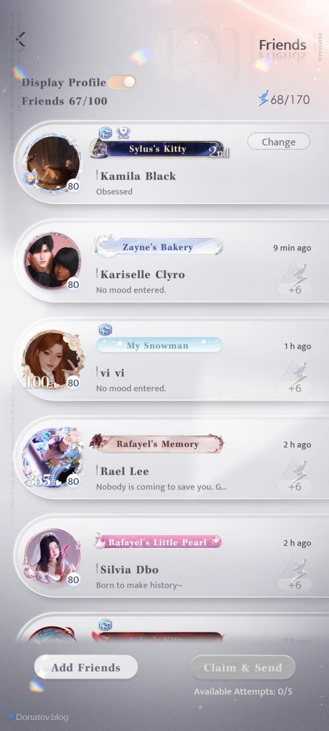 Меню Friends в Love and Deepspace