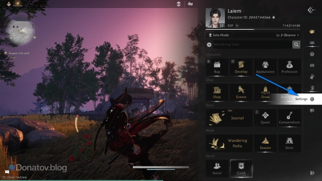 Раздел Settings в меню персонажа Where Winds Meet