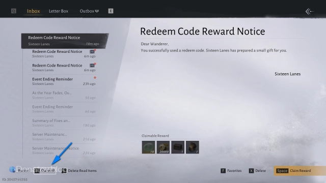 Экран письма с наградами и кнопкой Claim Reward в Where Winds Meet