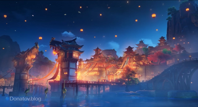 Украшенная гавань Ли Юэ из катсцены в обновлении 4.4