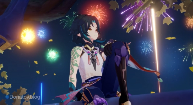 Сяо, наблюдающий со стороны за веселящимися на Празднике морских фонарей в кат сцене обновления 4.4