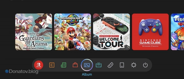Галерея скриншотов в меню Nintendo Switch
