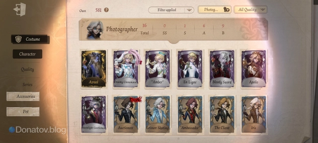 Коллекция по персонажу в Identity V