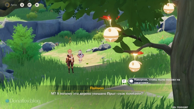 Дерево с бомбами с активной отметкой камеры в задании «Возвращение ловца ветра» в Genshin Impact